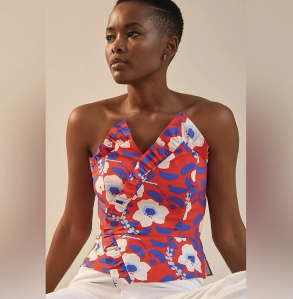 Hutch Anthropologie Red Blue Floral Sleeveless Ruffle Top Size 0 NWT